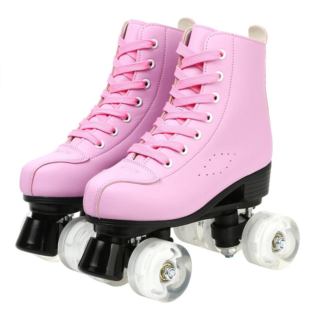 Flash Wheel Pink Roller Skate Sneakers - PU Leather Quad Skates - silverfoxgoods